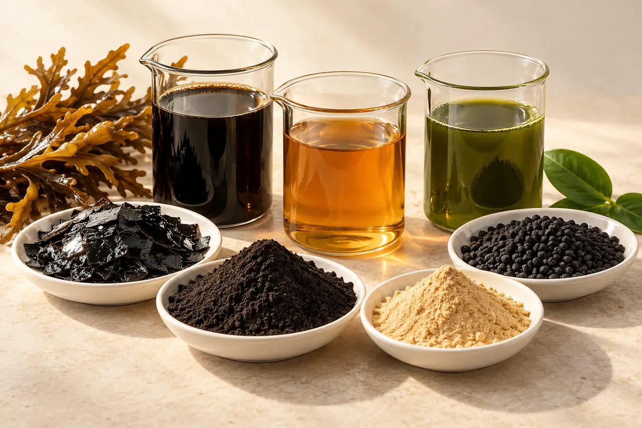 Seaweed, humic and amino-acid bio-stimulant materials in liquid, flake, powder and granule form